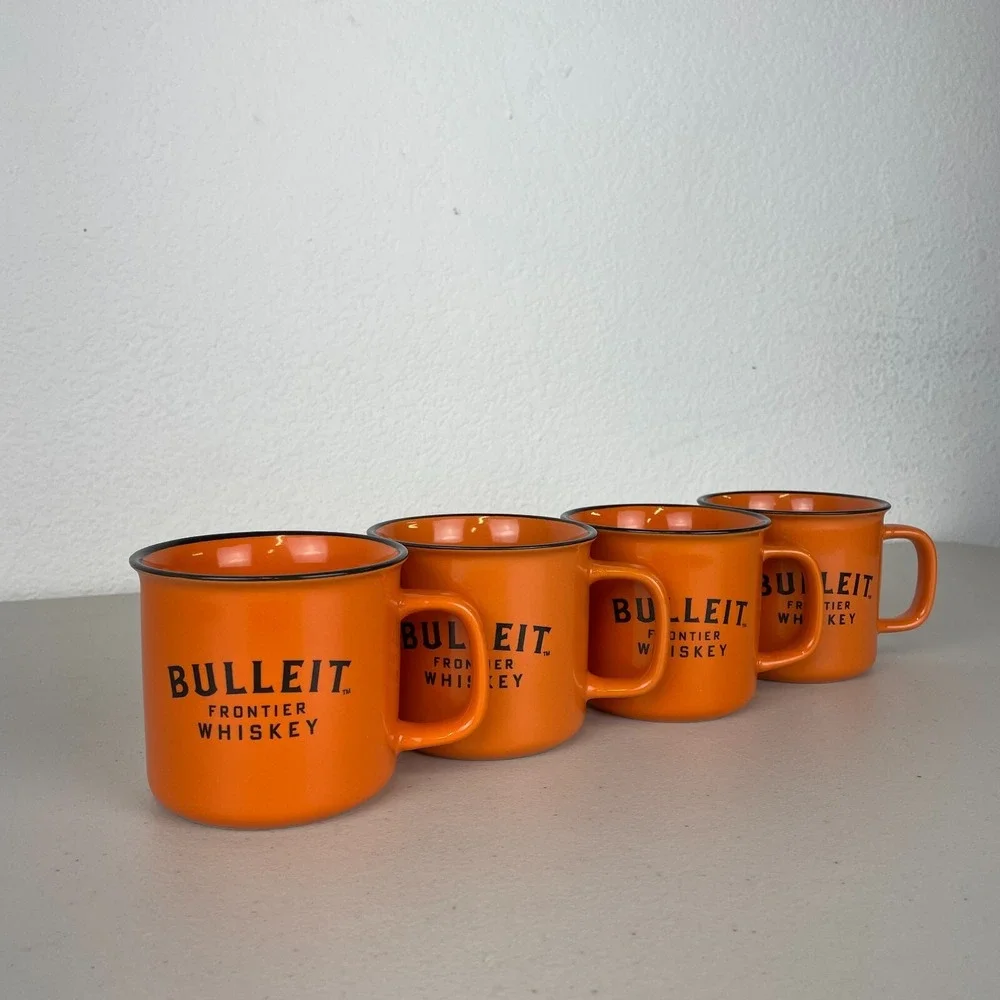 Bulleit Frontier Whiskey Mugs Cups Set of 4 Ceramic Orange Distillery Liquor